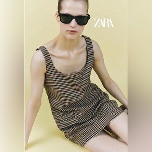ZARA, Plaid Mini Dress Brown Check Sleeveless Side Zip Fitted Chic, Small
